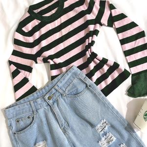 Pinterest Pink & Green Stripped Belly Sleeves Top