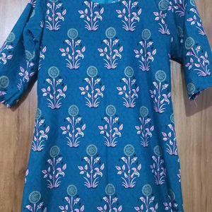 Women Printed Art Silk A-line Kurta( Blue)