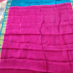 Pink And Blue Pure Crepe Silk Saree