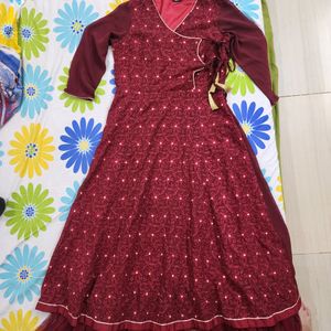 Indya Oxblood Chikankari Angrakha Ethnic Dress