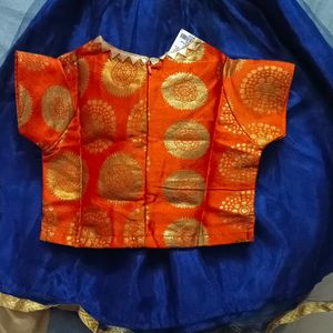 Orange Foil Print Choli & Lehenga Set With Dupatta