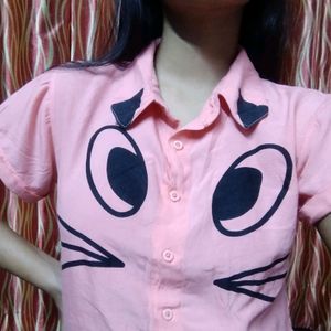 Cat Print Crop Shirt Top Size S