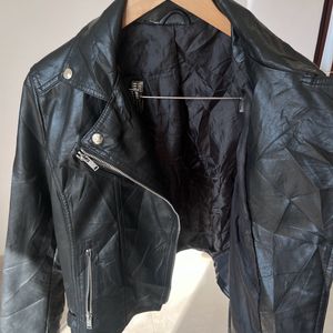 Black Solid Faux Leather Jacket