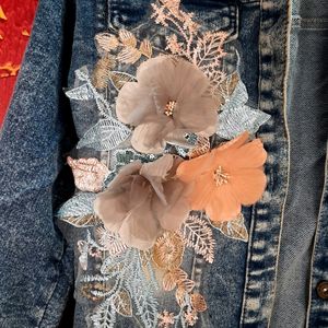 Blue Washed Denim Jacket With Embroidered Detail