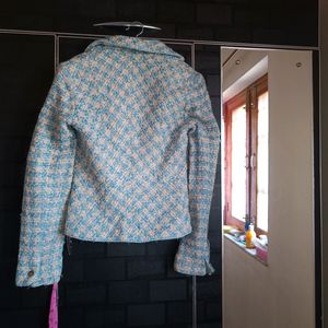 Korean Crop Blazer Green And White Color