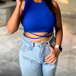 Blue Waist Tie Up Fitted Crop Top