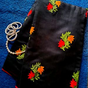 Floral Embroidery Black Cotton Saree