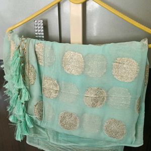 Sea Green Chiffon Saree With Golden Brocade.