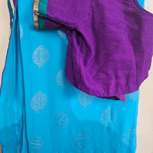 Printed BLUE Saree With Stitched Blouse