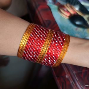 Combo Red-Gold Metal And Yellow Glass Bangles