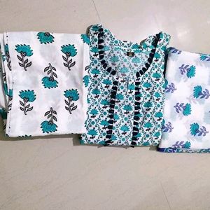 🛍️Printed Cotton Pant Kurta Dupatta Set🛍️🛒