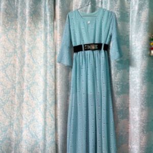 “Elegant Sky Blue Midi Dress with Black Belt”