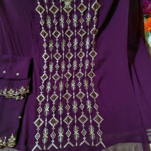 Purple Embroidered N Stones Work Suit