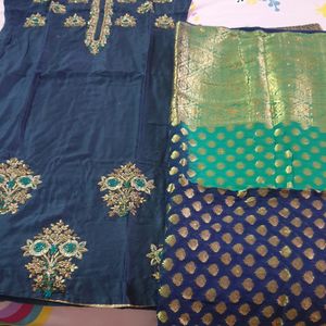 Fine Work Blue Kurta Set With Brocade Dupatta