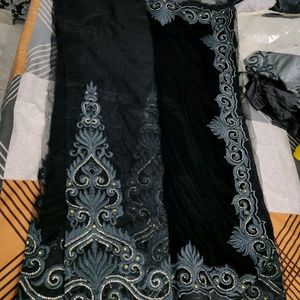 Combination Of Grey black Saree With Net And Velet