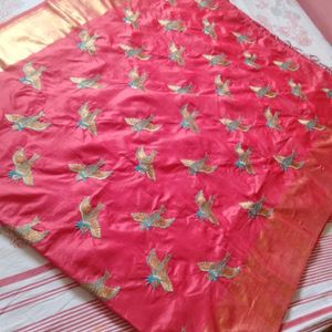 Red Bird Embroidery Design Saree