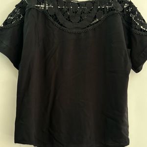 Women Black Solid Top With Lace At Neck