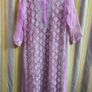 Pink Chikankari kurta with mirror work