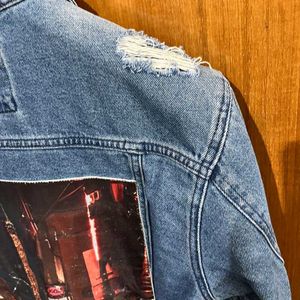 NUON PRINTED DISTRESSED BLUE  DENIM JACKET