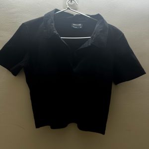 Black Ribbed Crop Polo