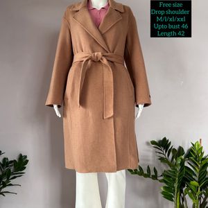 Beige Drop Shoulder Wrap Overcoat