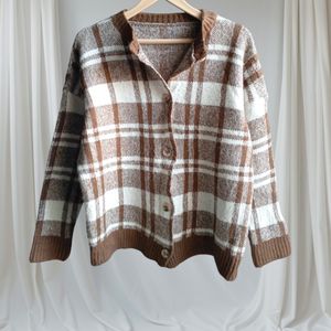 Brown Plaid Button Cardi