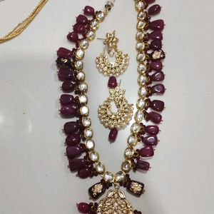 long Kundan And Real Natural Stone Necklace Set