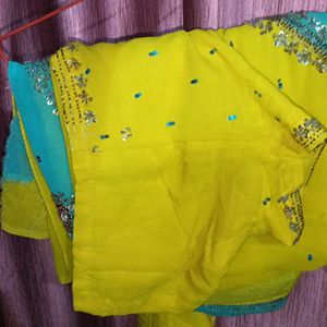 Lime Green Heavy Saree Along Stiched Blouse