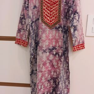 Pink And Purple Chanderi Batik Pocket Kurti Size 4