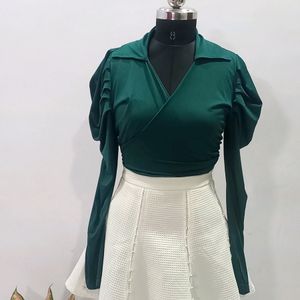 Bottle Green Wrap Up Puff Sleeve Crop Top