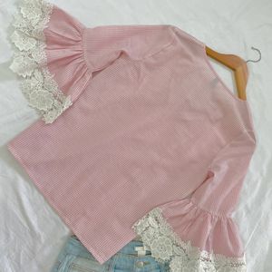 Coquette Pink White Lace Bell Sleeve Princes Top