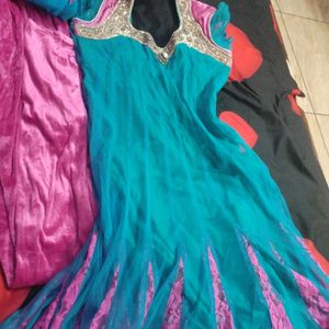 Anarkali Suit With Velvet Leggings And net Dupatta