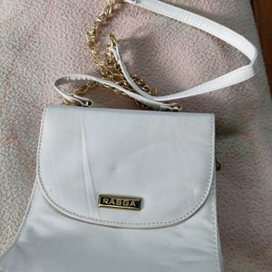 White Never Used Sling Bag With Golden Chain