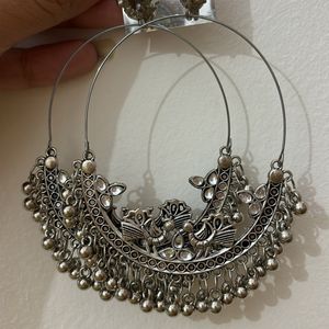 Peacock Silver Kundan Type Circular Jhumka Earring