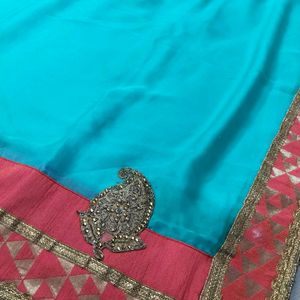 Diwali Sale🎉 Sky-blue Heavy Boarder Saree