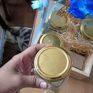 Decorated Wooden Basket With 4 Glass Jars