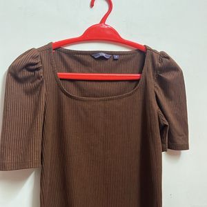 Brown Square Neck ribbed Top With Puffed Sleeves