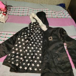 Women Jacket Shiny Black Hoody Light Winter