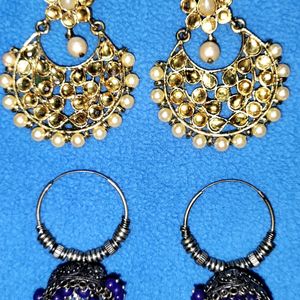 Oxidised Silver Blue And Golden Pearl Earrings