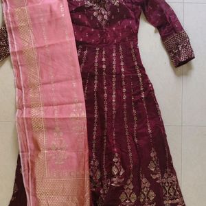 Ethnic Motif Maroon Anarkali With Dupatta