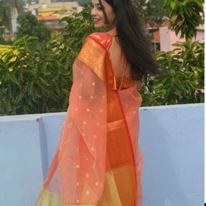 Organza peach Saree With Blouse