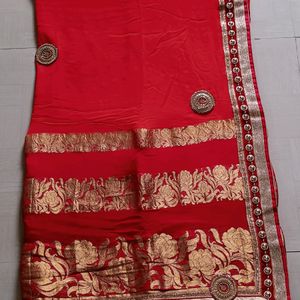 New Red Saree With Unstitched Blouse Piece