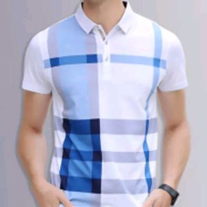 Men Checkered-Printed Polo Blue T-shirt