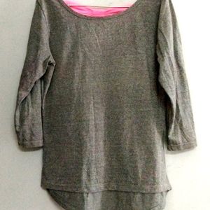 Half Sleeve Grey Up And Down T-shirt With Pink Back Flower Neck