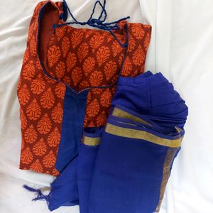 Red Printed Churidar Set With Dupatta