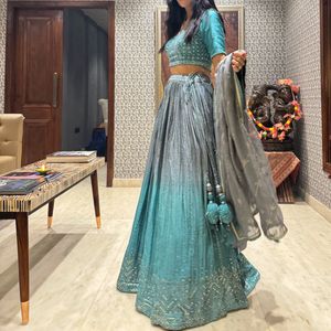 Teal, Grey and Silver Embellished Lehenga Set