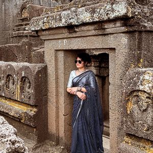 Navy blue slil saree with silver blouse