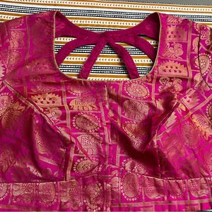 Pink Brocade Blouse With Lotus Shape Cutout Back