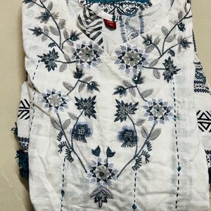 White Blue Printed Anarkali Short Kurti