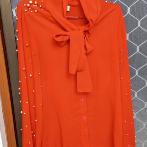 Red Top With Full Pearls Sleeves